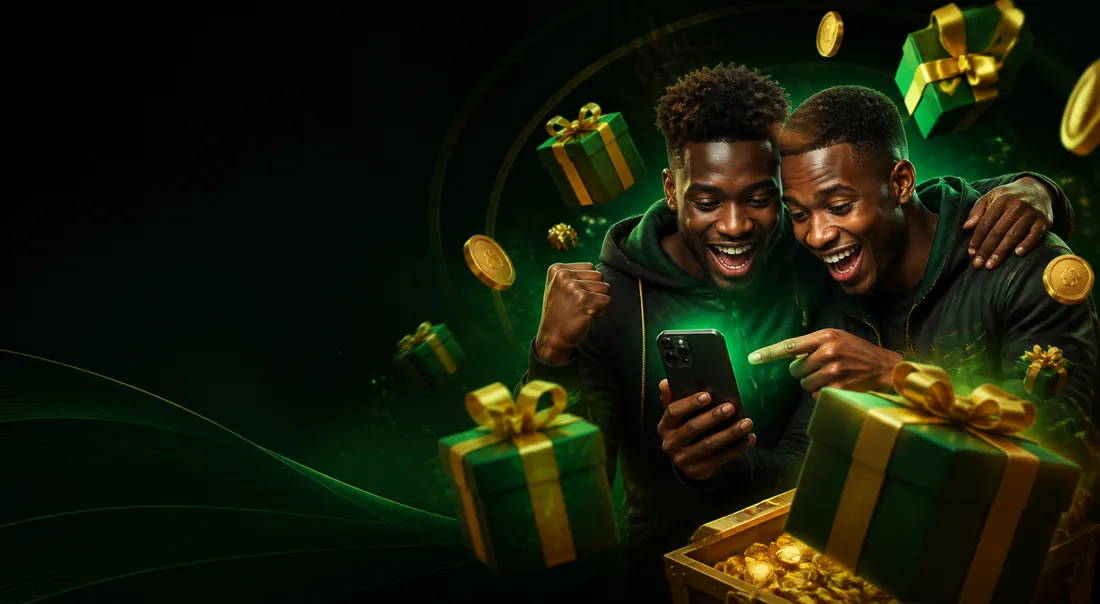 Deux amis découvrent Njambo sur un téléphone, entourés de cadeaux